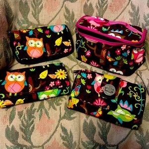 Set of owl wallets and makeup bag